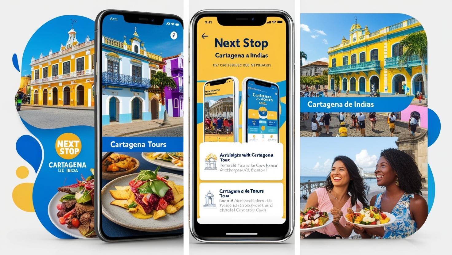 Collage con tres teléfonos mostrando una app turística de Cartagena, con fotos de edificios y comida.